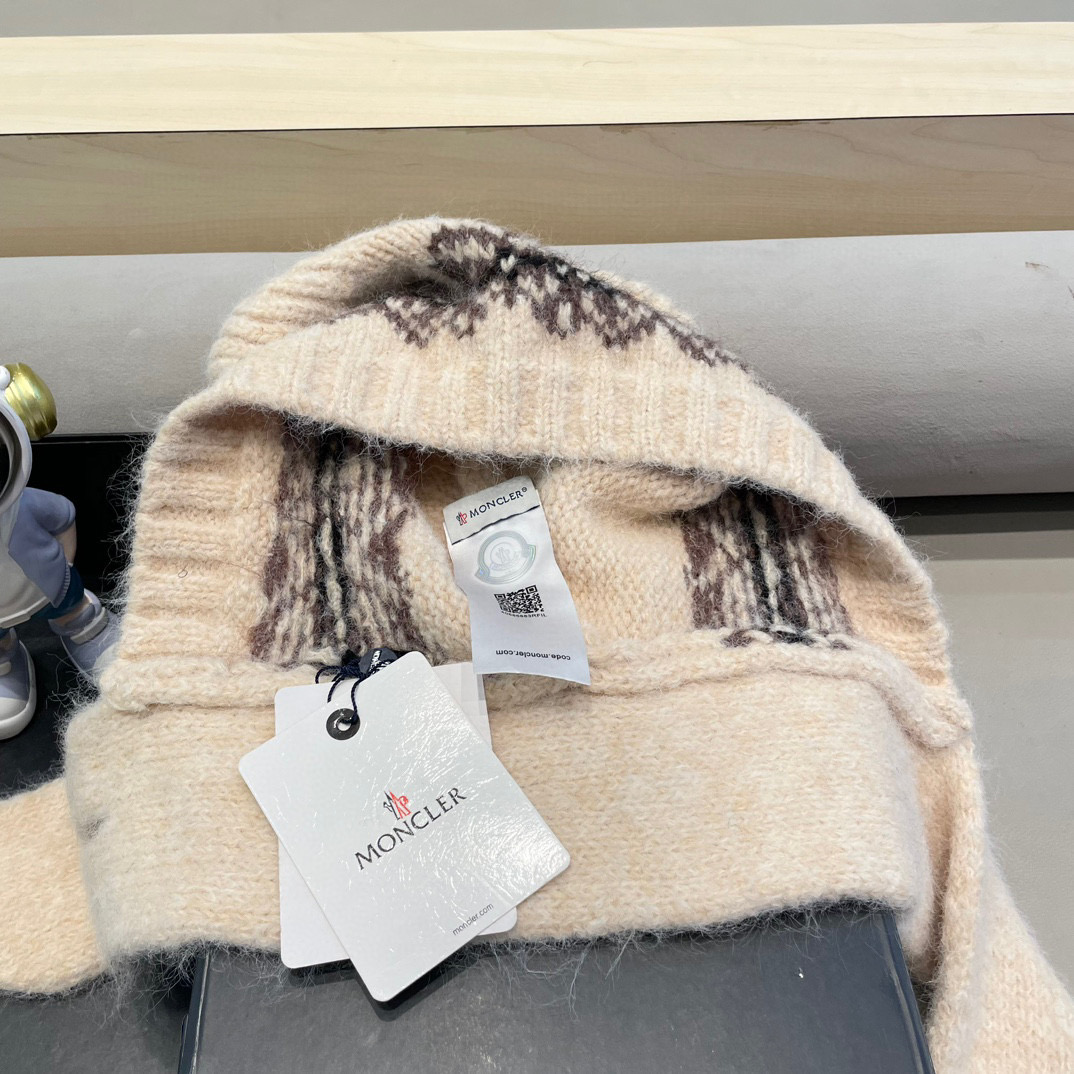moncler可爱小熊帽子女秋冬护脖围巾一体针织帽户外保暖巴拉克法帽大头围