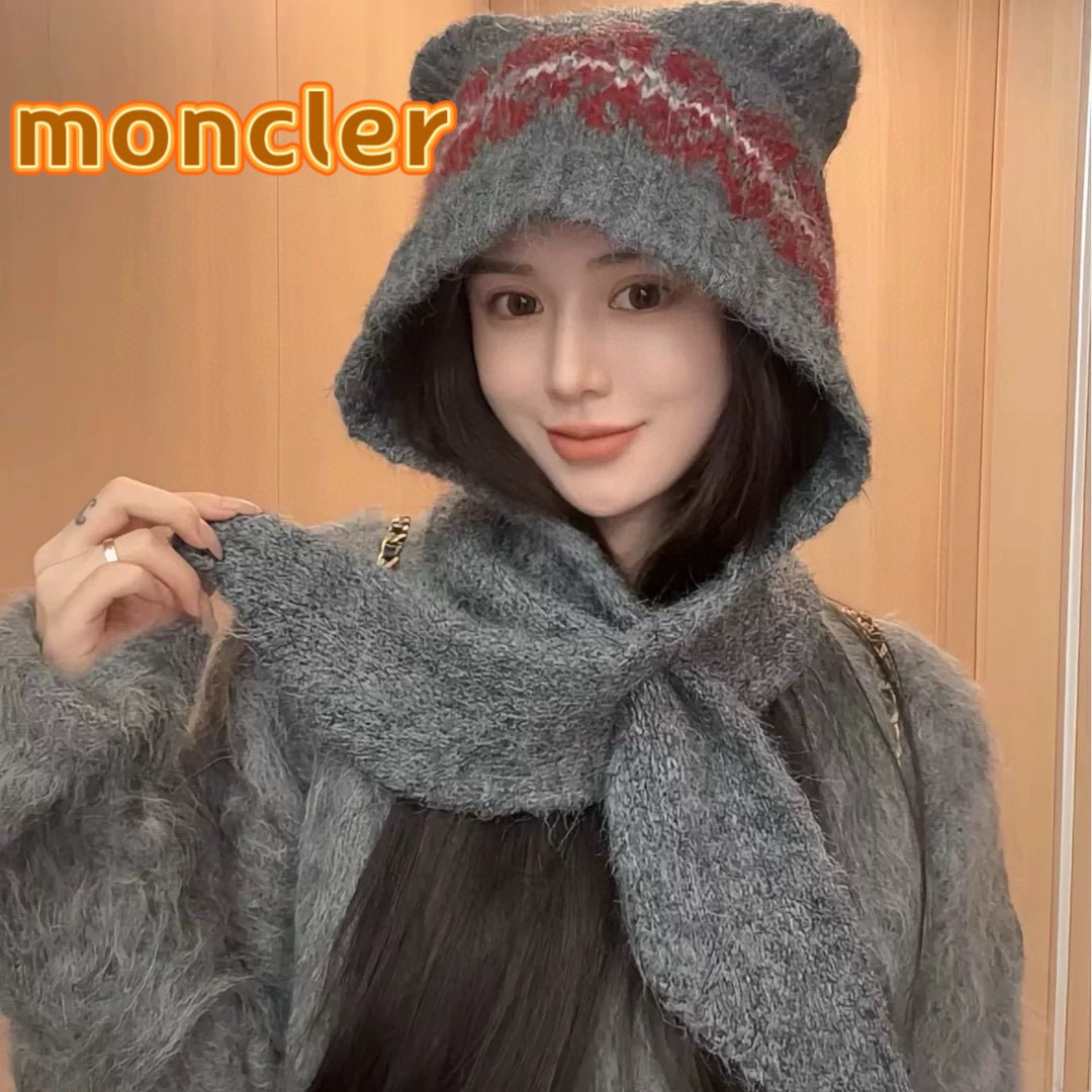 moncler可爱小熊帽子女秋冬护脖围巾一体针织帽户外保暖巴拉克法帽大头围