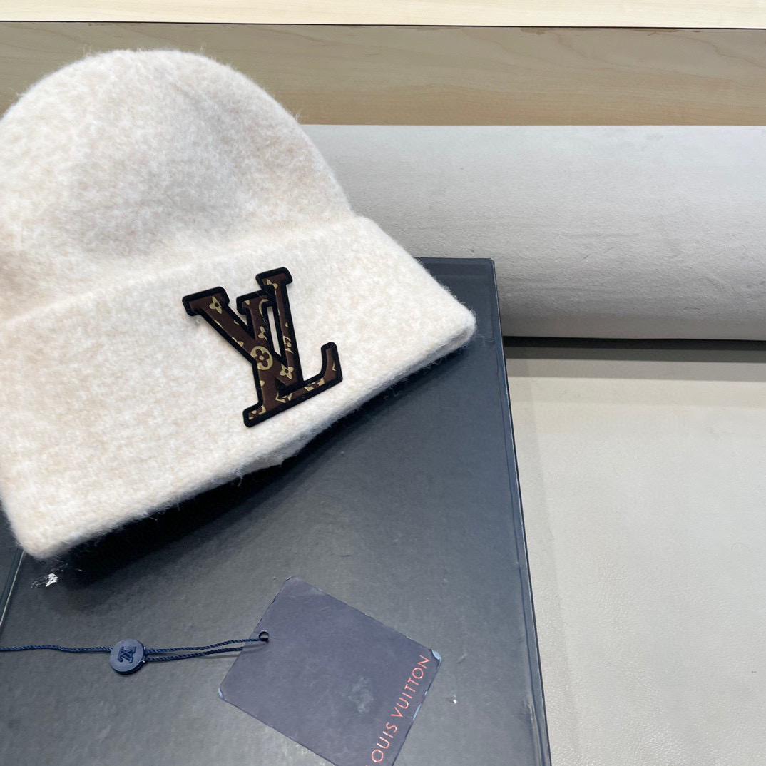 lv路易威登秋冬款羊毛混纺针织帽子女大头围堆堆帽百搭双层保暖加厚