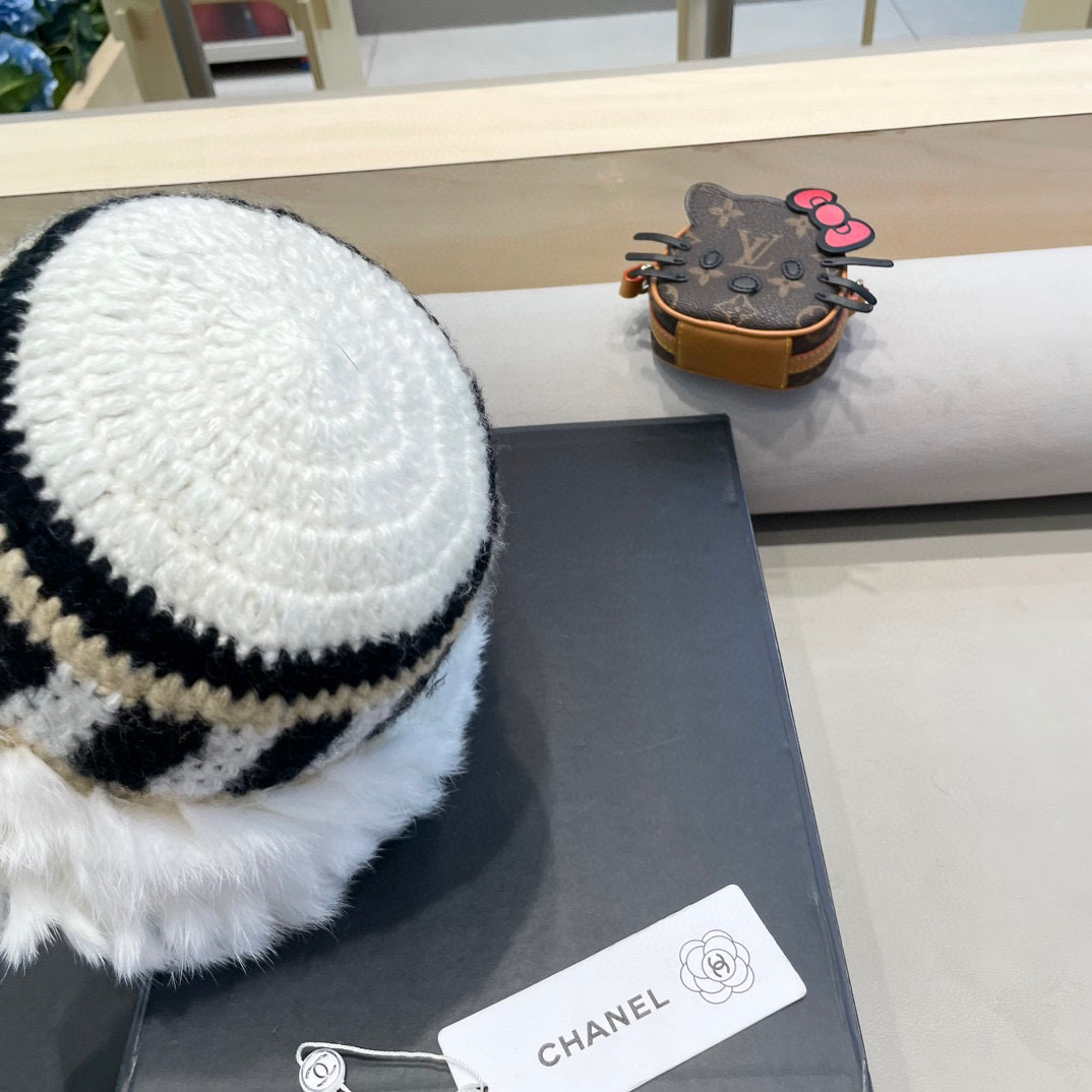 Chanel 兔毛边帽子女新款毛绒绒线帽秋冬保暖韩版百搭可爱休闲渔夫帽盆帽