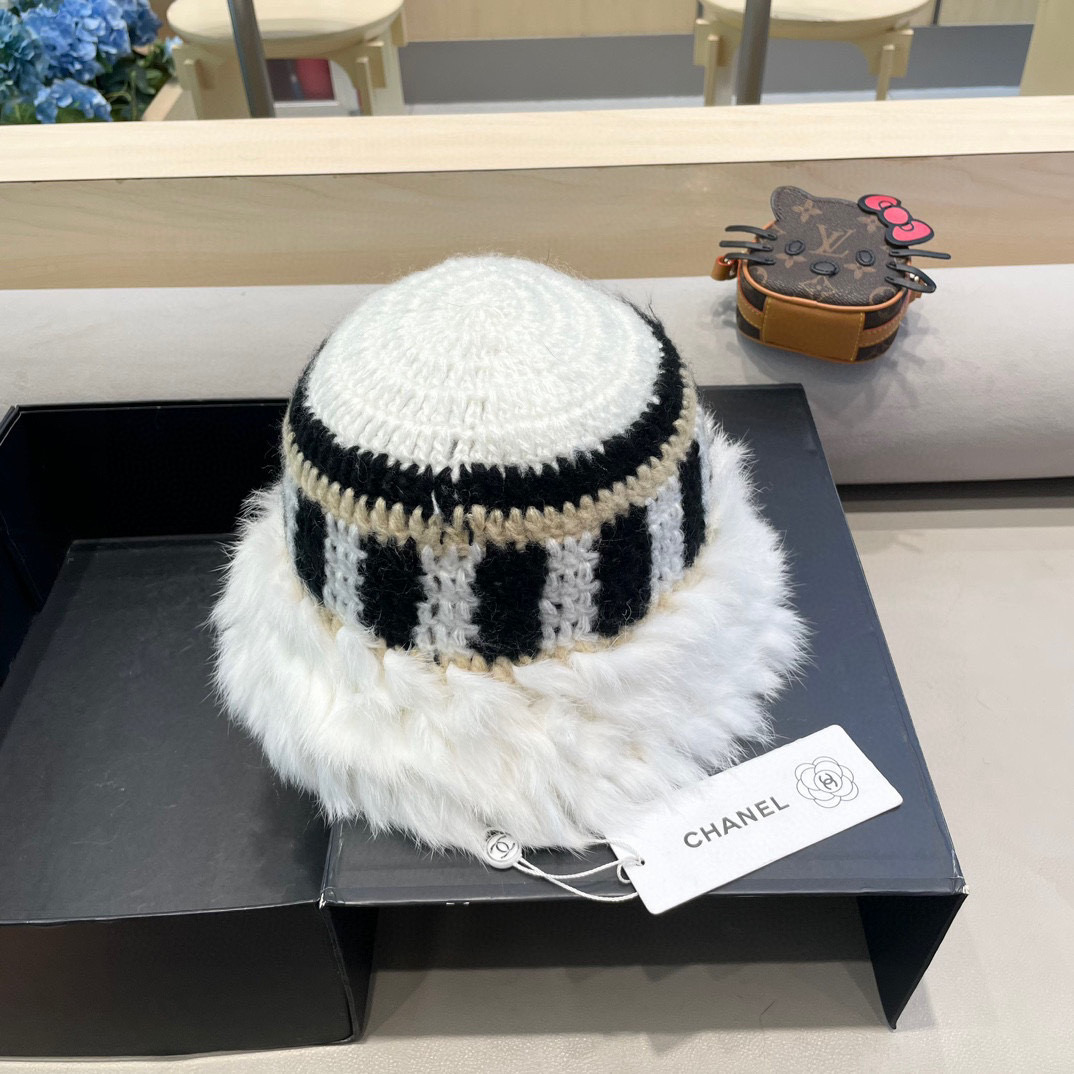 Chanel 兔毛边帽子女新款毛绒绒线帽秋冬保暖韩版百搭可爱休闲渔夫帽盆帽