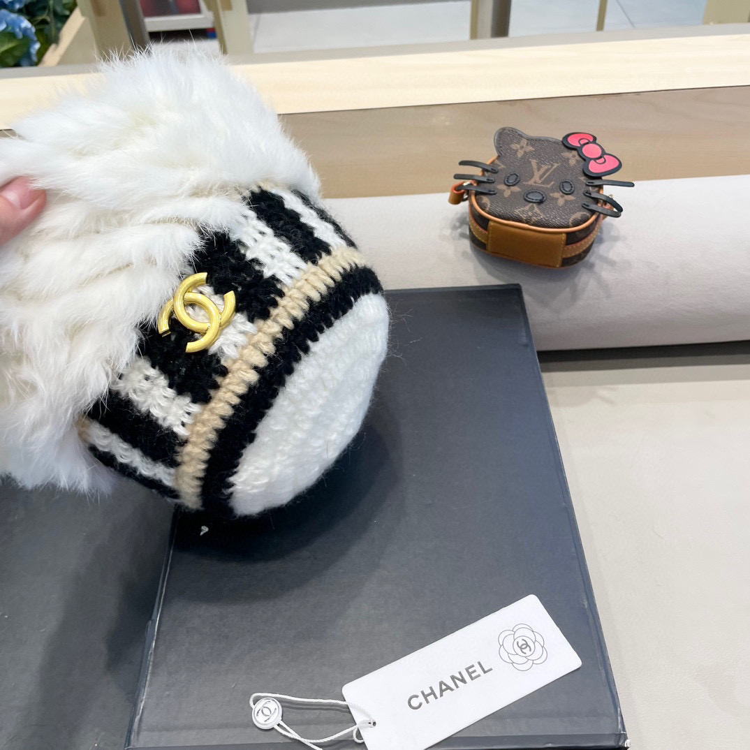 Chanel 兔毛边帽子女新款毛绒绒线帽秋冬保暖韩版百搭可爱休闲渔夫帽盆帽