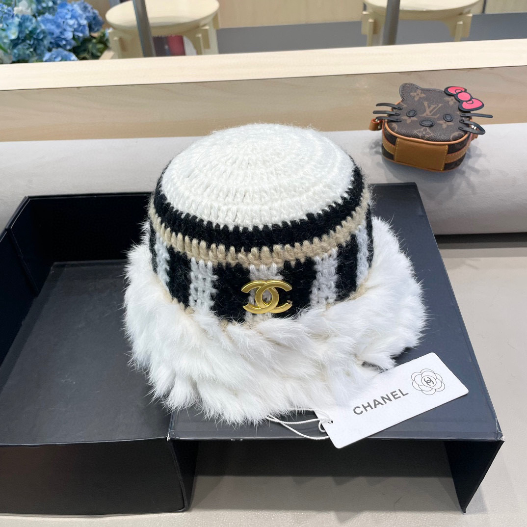 Chanel 兔毛边帽子女新款毛绒绒线帽秋冬保暖韩版百搭可爱休闲渔夫帽盆帽