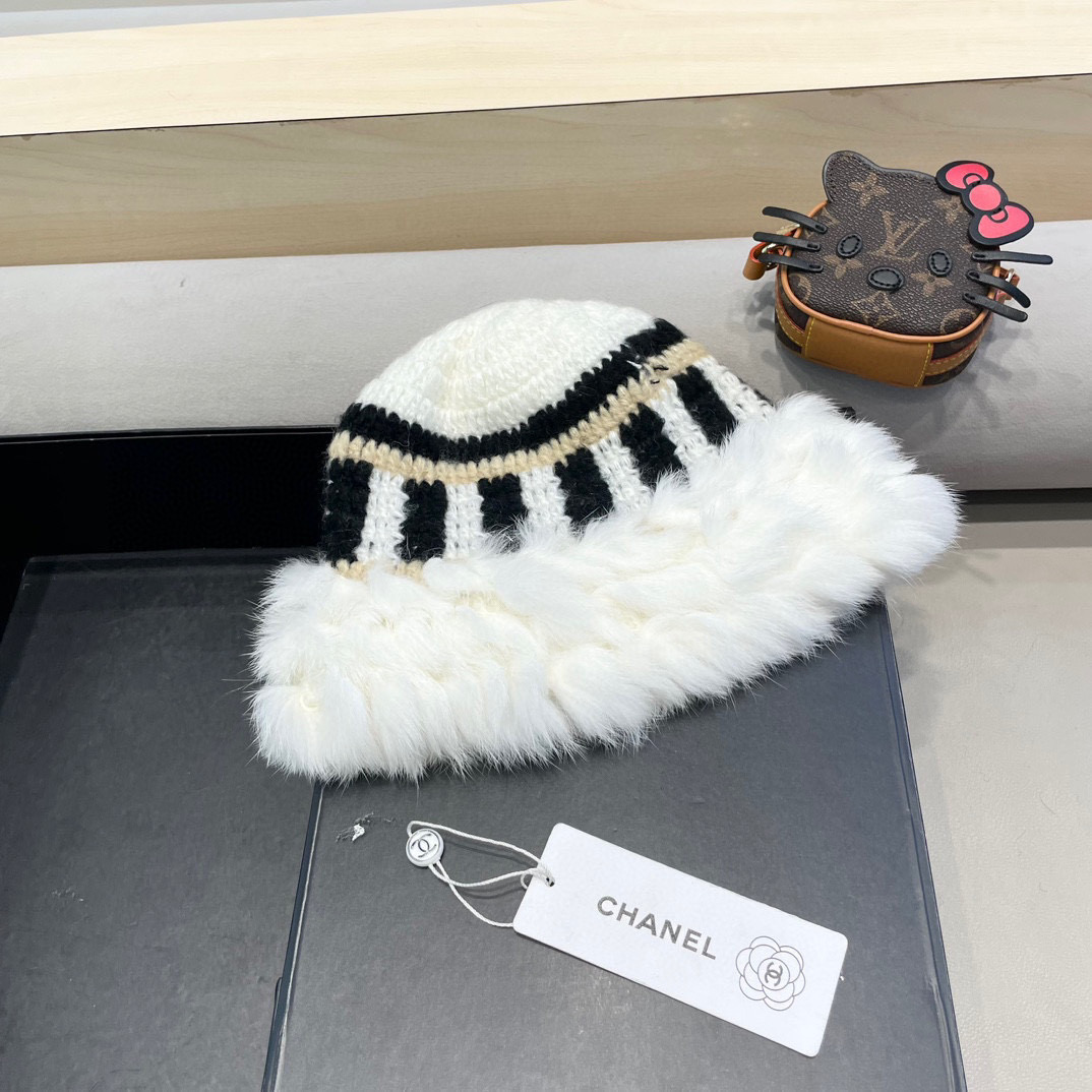Chanel 兔毛边帽子女新款毛绒绒线帽秋冬保暖韩版百搭可爱休闲渔夫帽盆帽