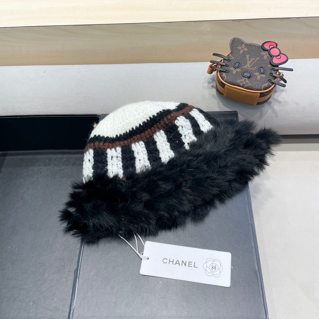 Chanel 兔毛边帽子女新款毛绒绒线帽秋冬保暖韩版百搭可爱休闲渔夫帽盆帽