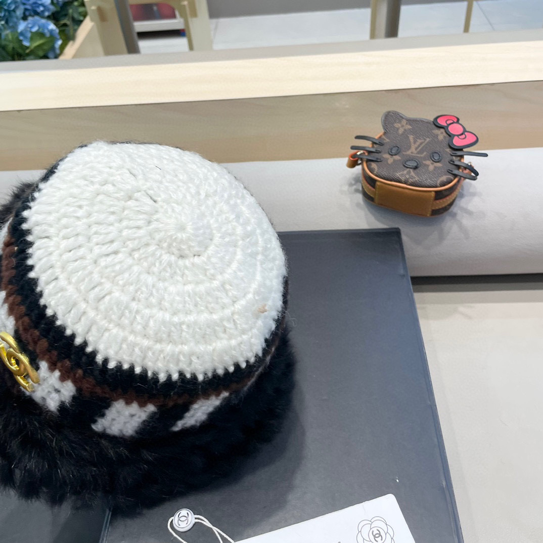 Chanel 兔毛边帽子女新款毛绒绒线帽秋冬保暖韩版百搭可爱休闲渔夫帽盆帽