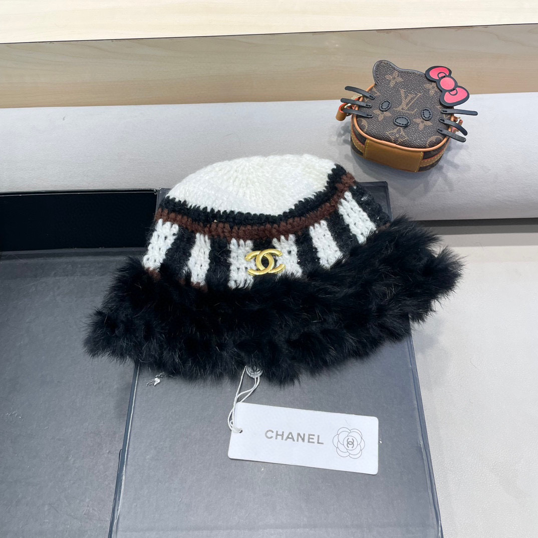 Chanel 兔毛边帽子女新款毛绒绒线帽秋冬保暖韩版百搭可爱休闲渔夫帽盆帽