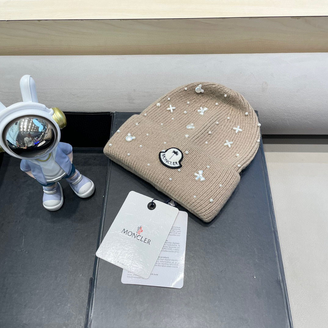 moncler秋冬兔毛混纺毛线帽手工小珍珠蝴蝶结白色针织帽女保暖防寒包头帽