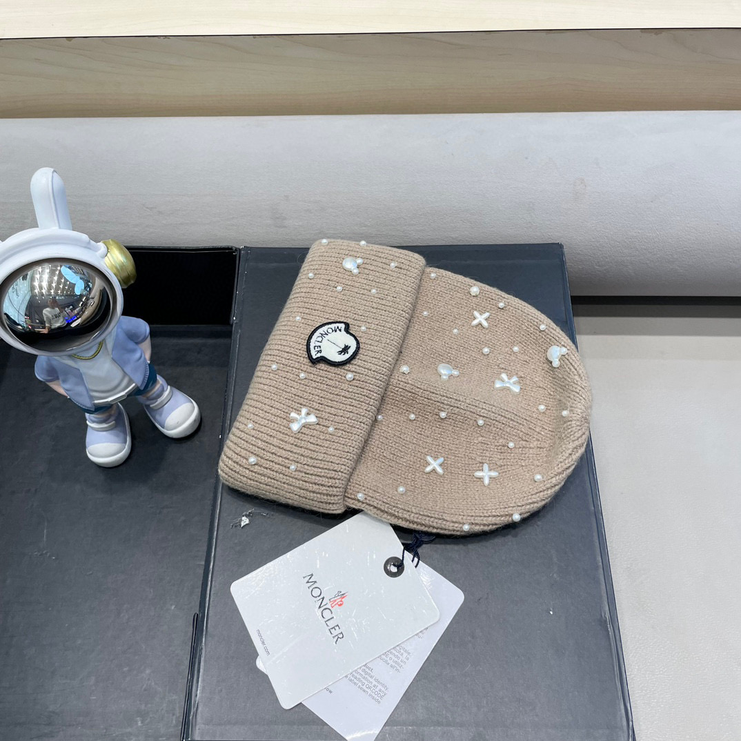moncler秋冬兔毛混纺毛线帽手工小珍珠蝴蝶结白色针织帽女保暖防寒包头帽