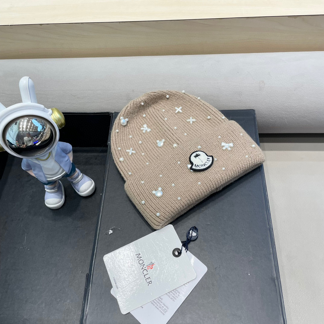 moncler秋冬兔毛混纺毛线帽手工小珍珠蝴蝶结白色针织帽女保暖防寒包头帽