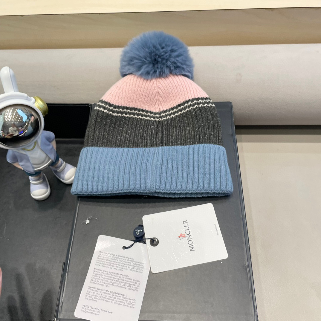 moncler撞色针织帽子女冬季韩版百搭大毛球毛线帽新款保暖卷边护耳帽