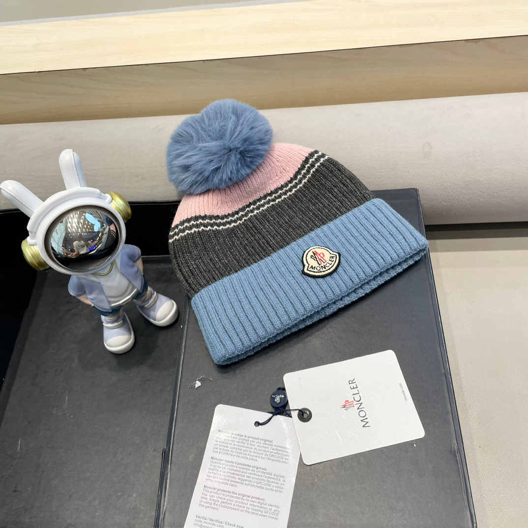 moncler撞色针织帽子女冬季韩版百搭大毛球毛线帽新款保暖卷边护耳帽