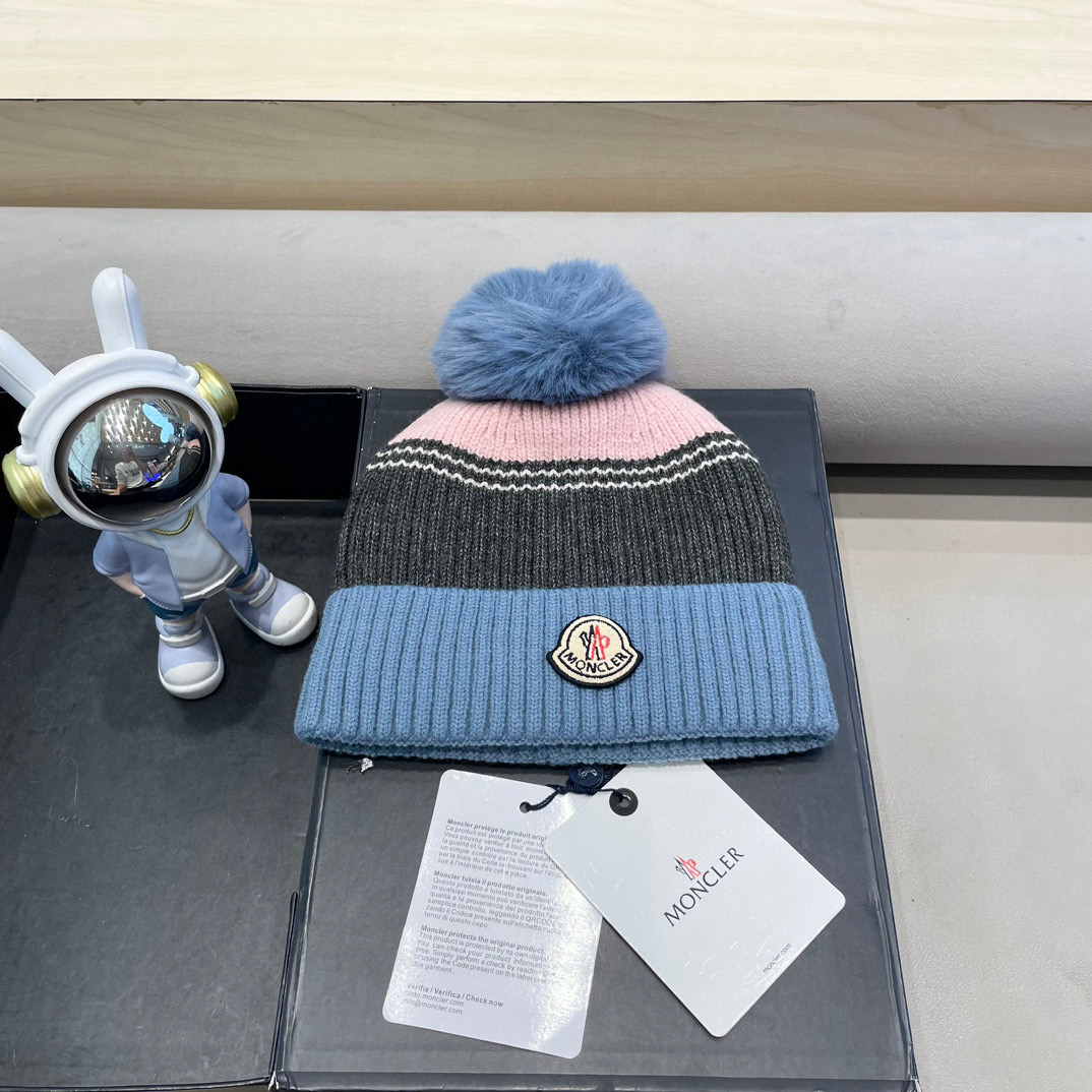 moncler撞色针织帽子女冬季韩版百搭大毛球毛线帽新款保暖卷边护耳帽