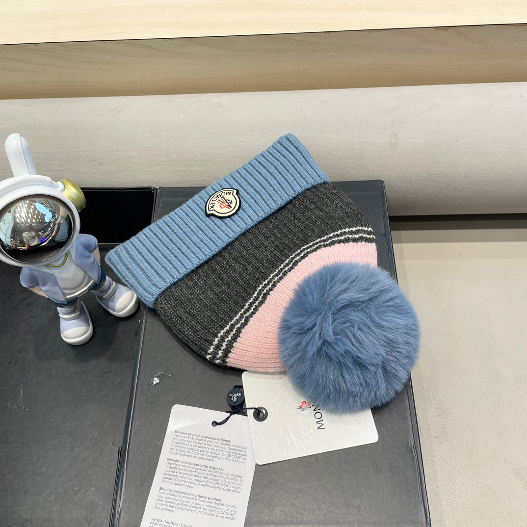 moncler撞色针织帽子女冬季韩版百搭大毛球毛线帽新款保暖卷边护耳帽