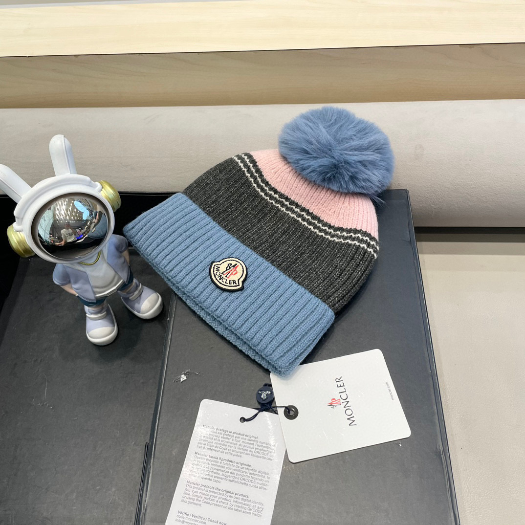 moncler撞色针织帽子女冬季韩版百搭大毛球毛线帽新款保暖卷边护耳帽