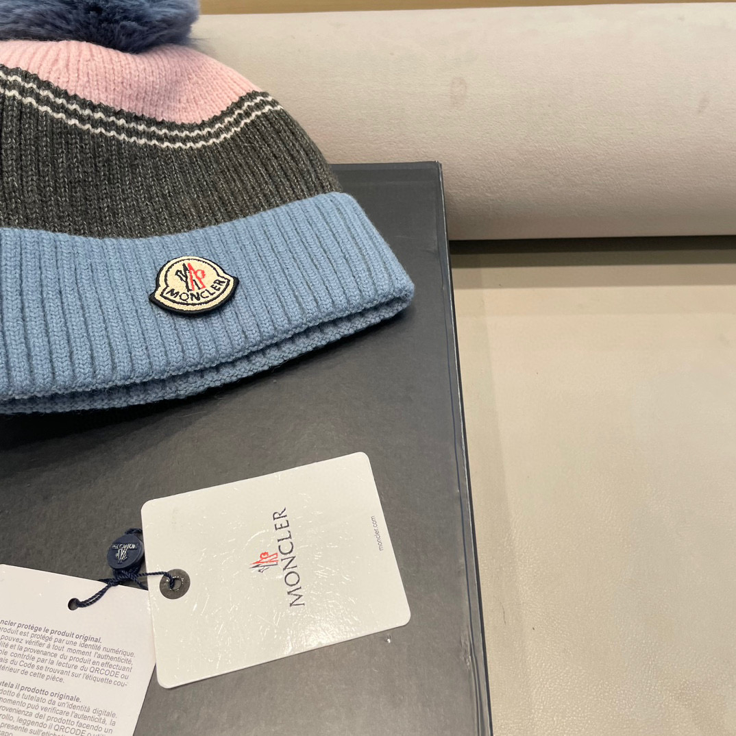 moncler撞色针织帽子女冬季韩版百搭大毛球毛线帽新款保暖卷边护耳帽
