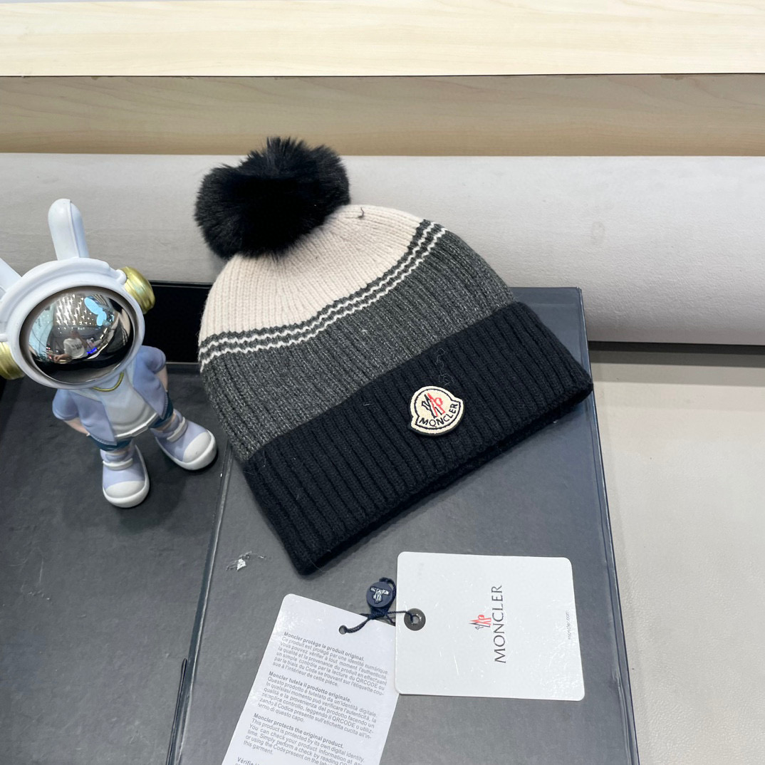 moncler撞色针织帽子女冬季韩版百搭大毛球毛线帽新款保暖卷边护耳帽