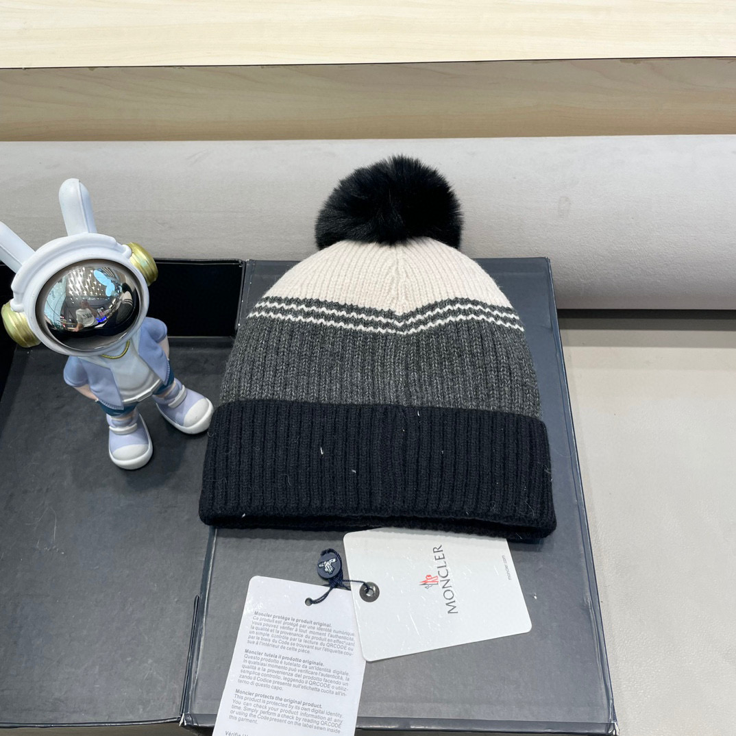 moncler撞色针织帽子女冬季韩版百搭大毛球毛线帽新款保暖卷边护耳帽
