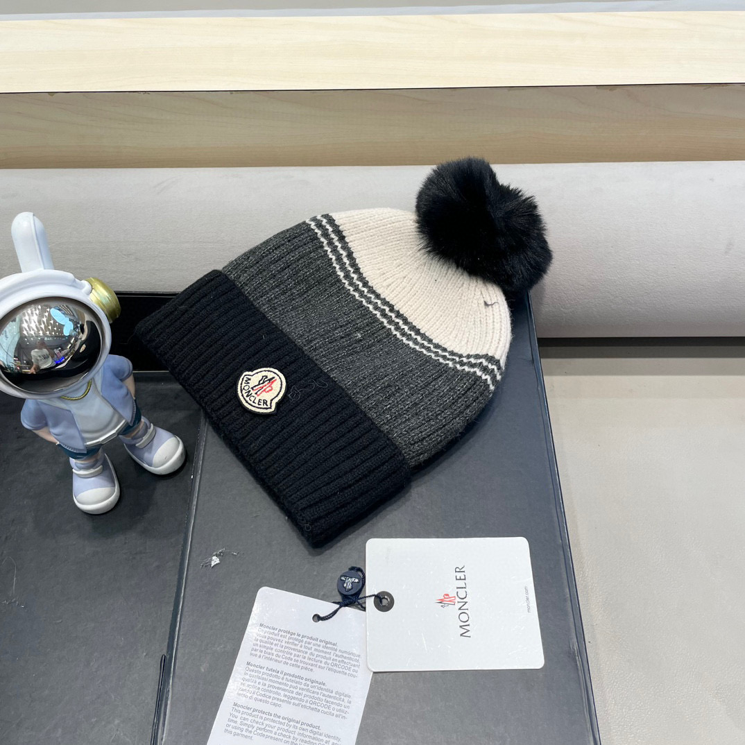 moncler撞色针织帽子女冬季韩版百搭大毛球毛线帽新款保暖卷边护耳帽