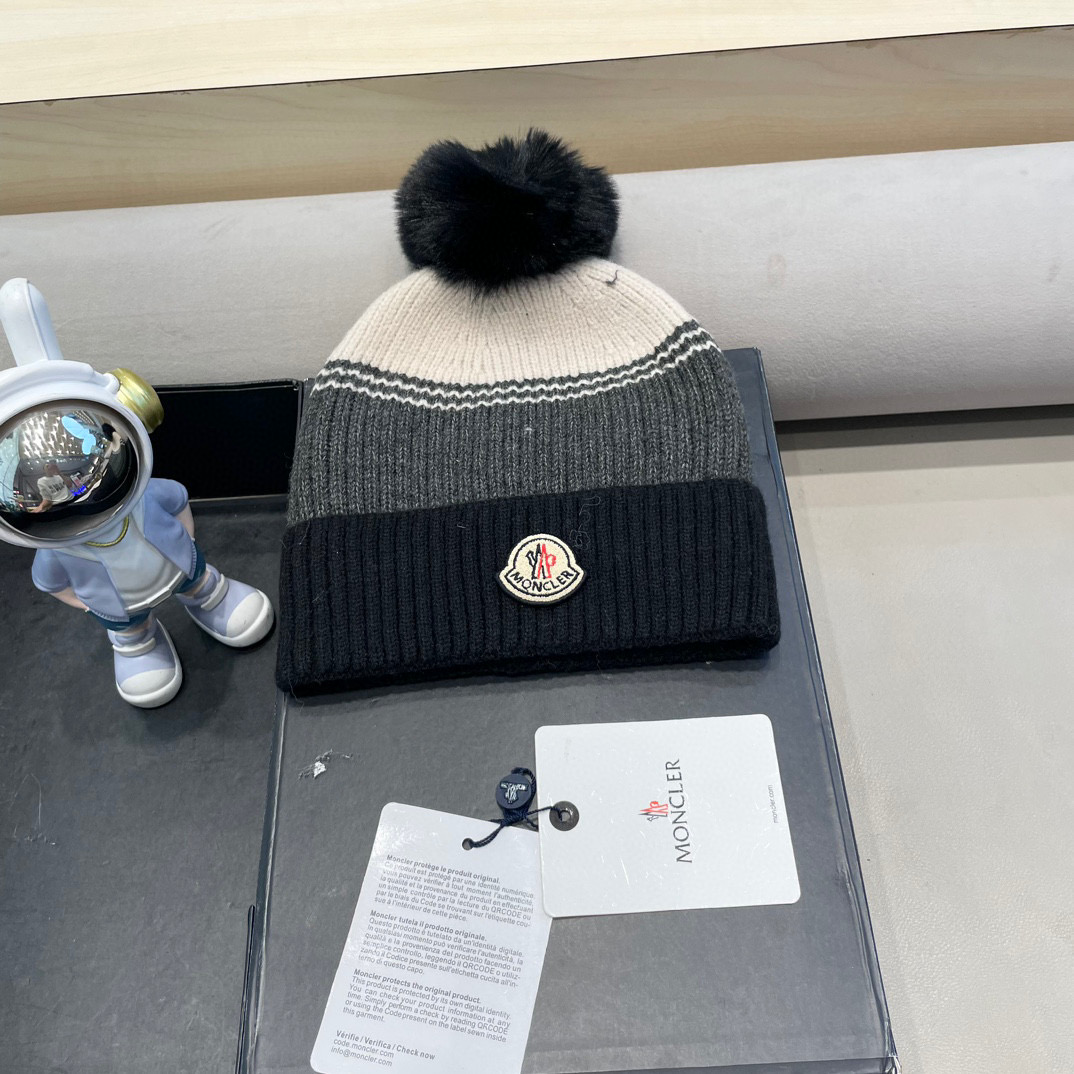 moncler撞色针织帽子女冬季韩版百搭大毛球毛线帽新款保暖卷边护耳帽