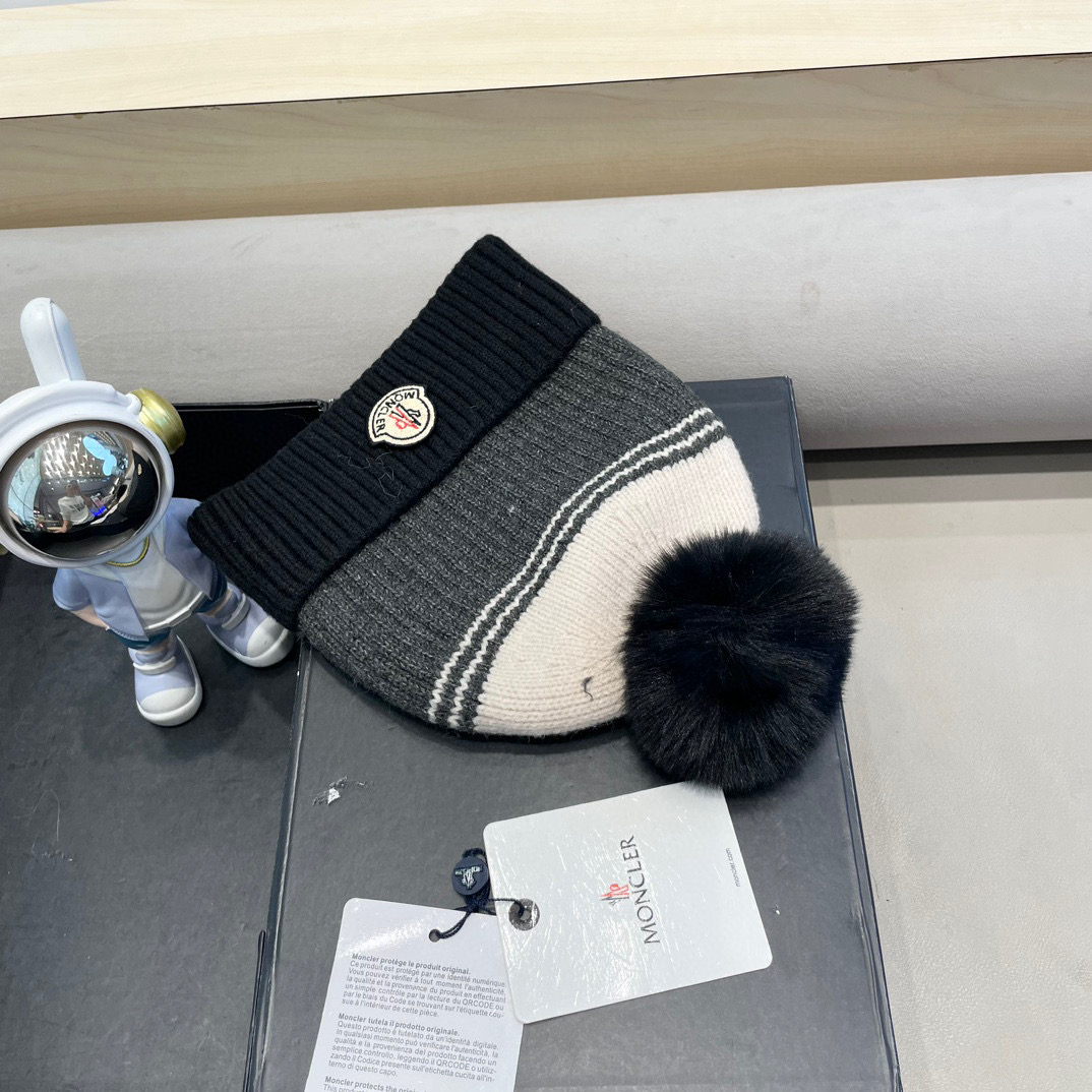 moncler撞色针织帽子女冬季韩版百搭大毛球毛线帽新款保暖卷边护耳帽