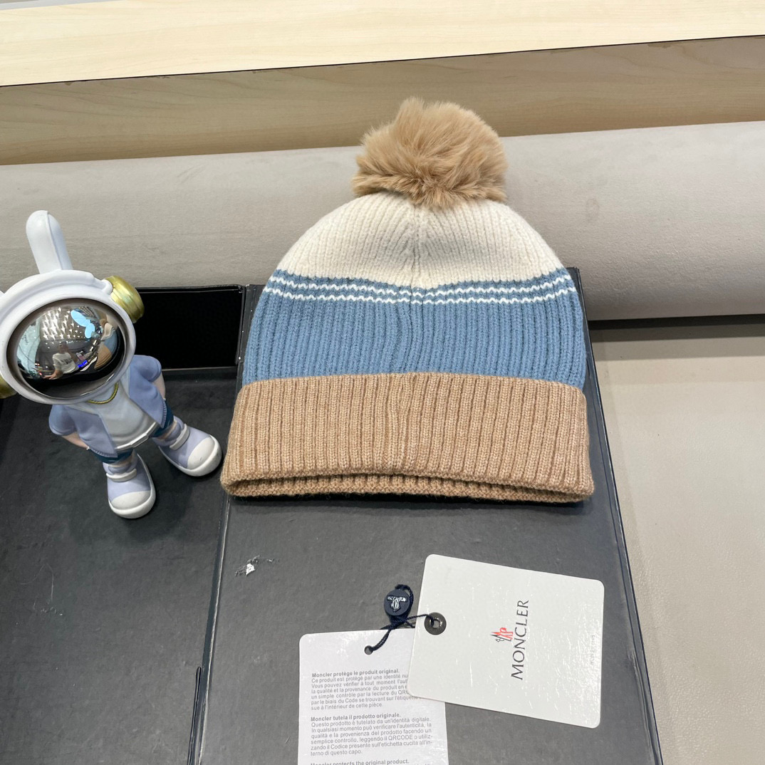 moncler撞色针织帽子女冬季韩版百搭大毛球毛线帽新款保暖卷边护耳帽