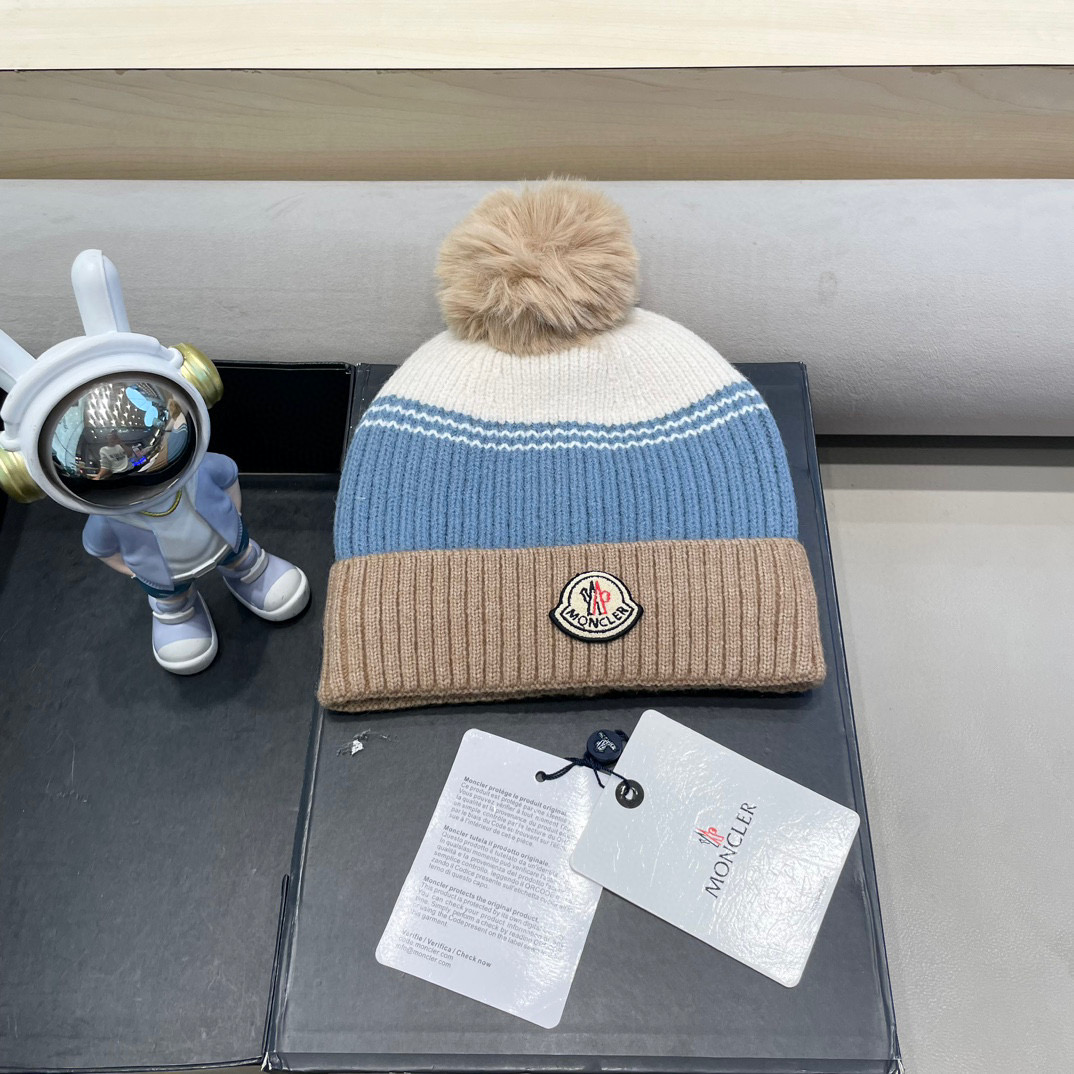 moncler撞色针织帽子女冬季韩版百搭大毛球毛线帽新款保暖卷边护耳帽