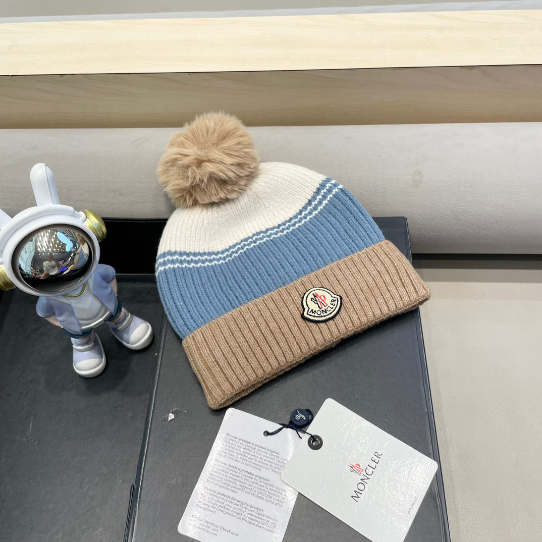 moncler撞色针织帽子女冬季韩版百搭大毛球毛线帽新款保暖卷边护耳帽