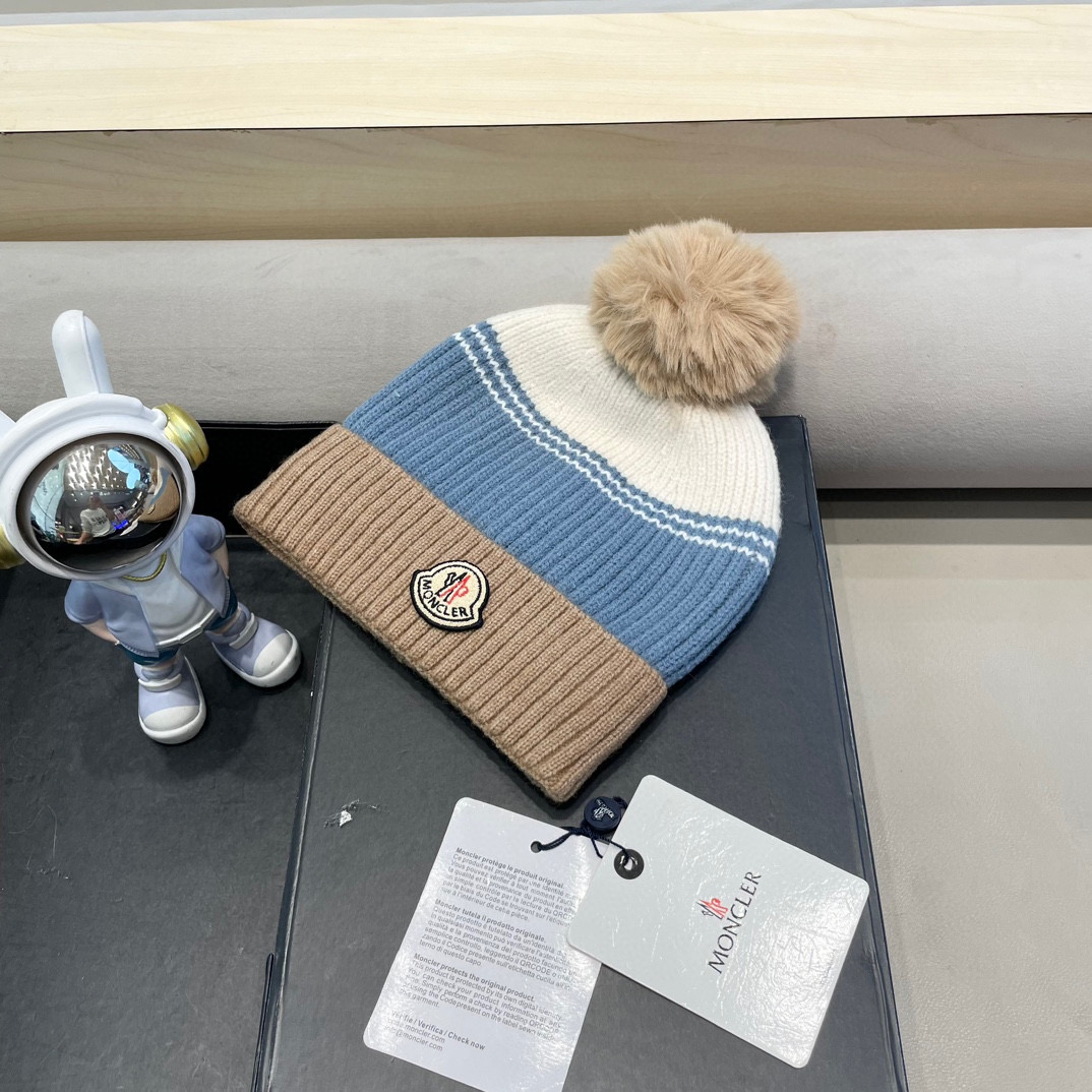 moncler撞色针织帽子女冬季韩版百搭大毛球毛线帽新款保暖卷边护耳帽