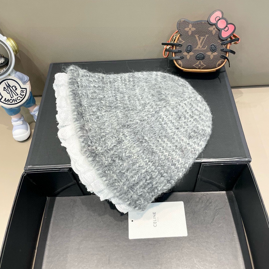 塞琳Celine韩版ins博主慵懒风灰色针织渔夫帽女甜美花边显脸小保暖毛线盆帽