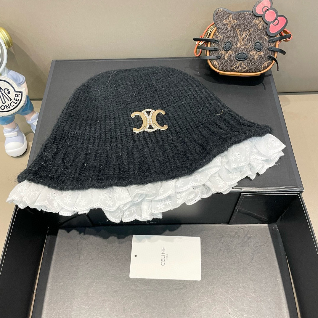塞琳Celine韩版ins博主慵懒风灰色针织渔夫帽女甜美花边显脸小保暖毛线盆帽
