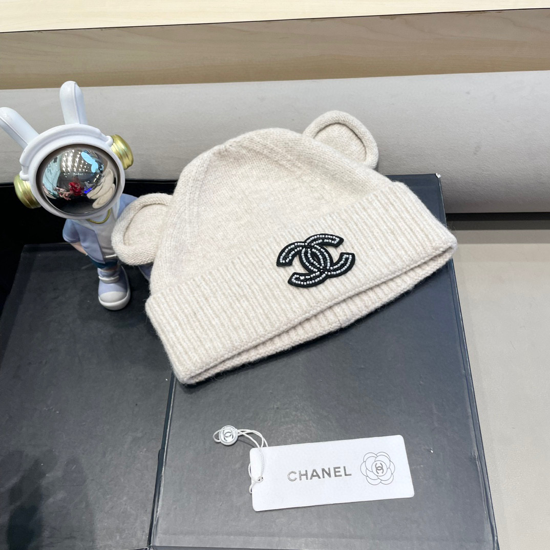 Chanel小熊耳朵针织帽女冬显脸小毛线帽保暖护耳大头围加厚新款可爱冷帽