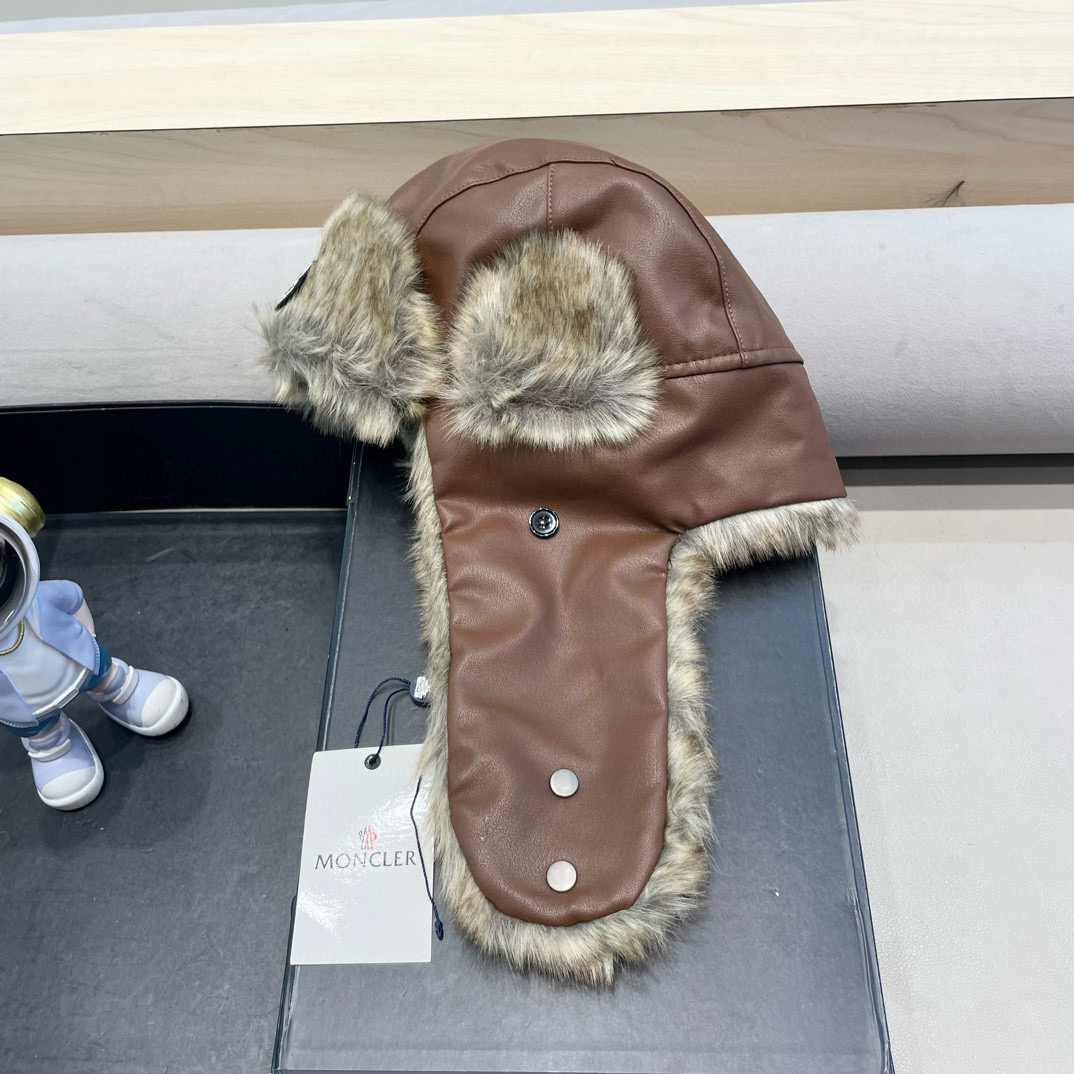 蒙口Moncler盟可睐复古草原大头围皮质毛绒雷锋帽子男女冬季保暖骑车护耳户外防风帽