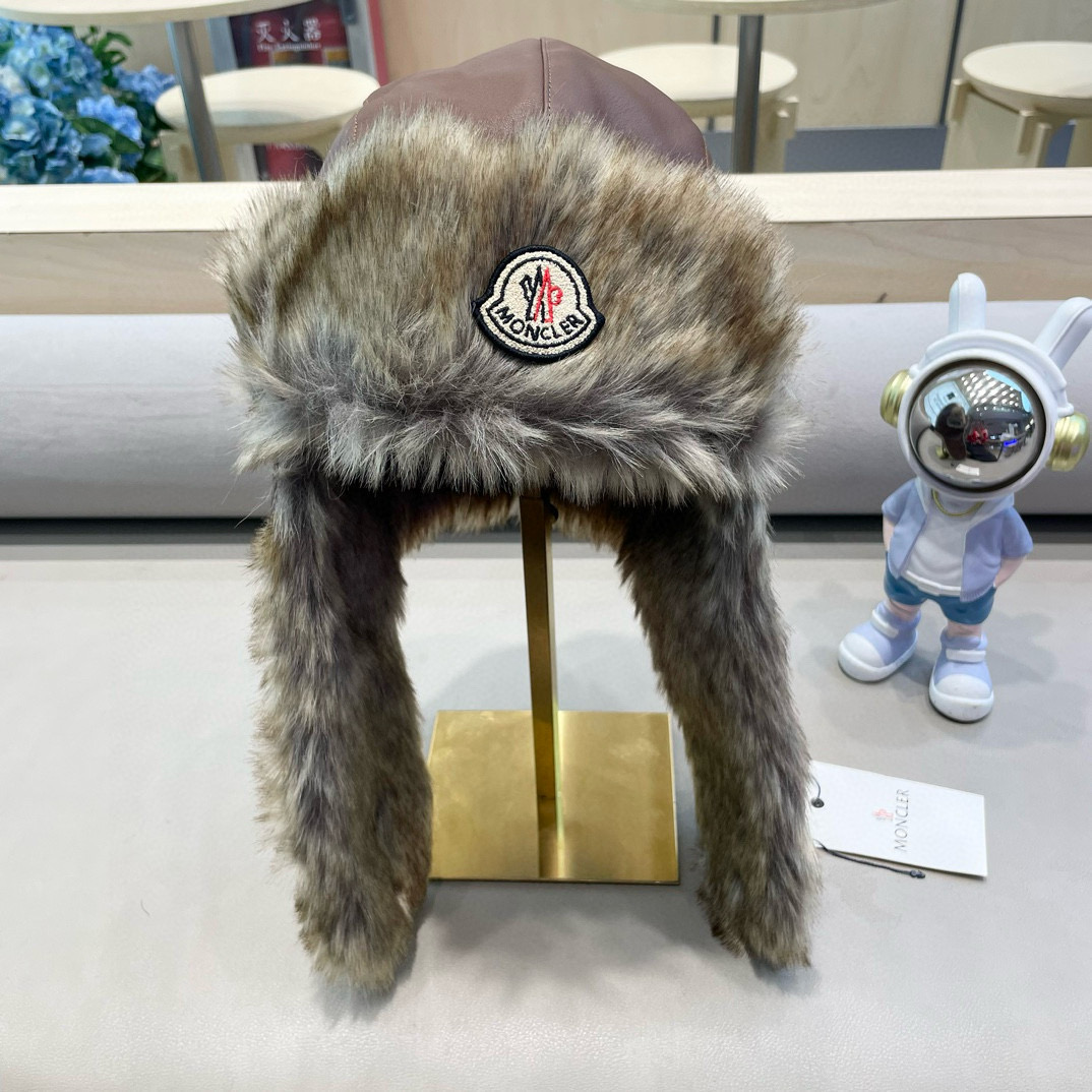蒙口Moncler盟可睐复古草原大头围皮质毛绒雷锋帽子男女冬季保暖骑车护耳户外防风帽