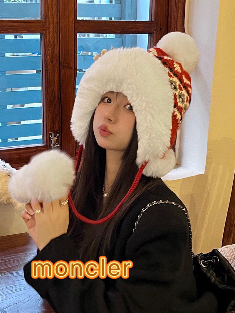 moncler帽子女冬2026新款韩版条纹毛绒雷锋帽骑行防寒保暖护耳百搭包头帽