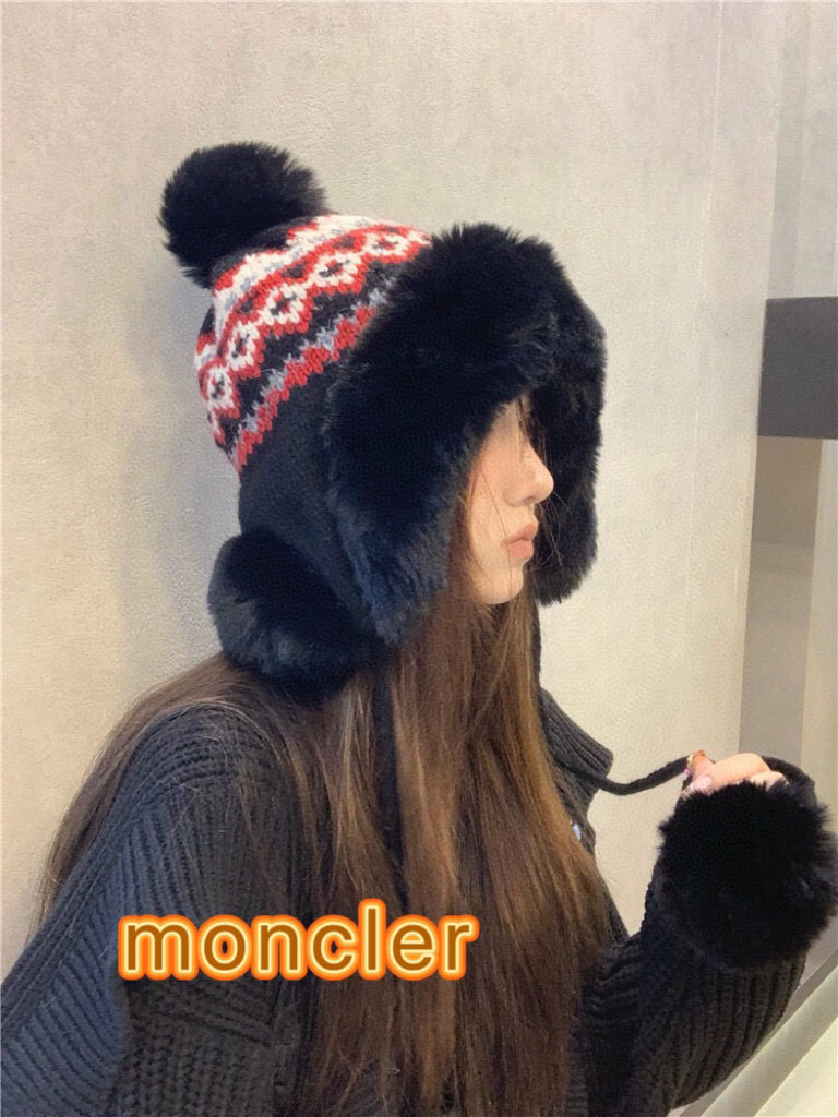 moncler帽子女冬2026新款韩版条纹毛绒雷锋帽骑行防寒保暖护耳百搭包头帽