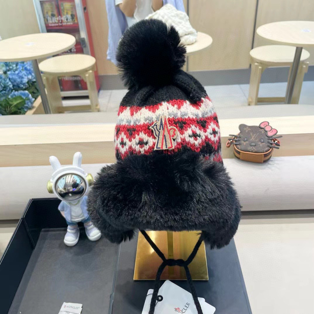 moncler帽子女冬2026新款韩版条纹毛绒雷锋帽骑行防寒保暖护耳百搭包头帽