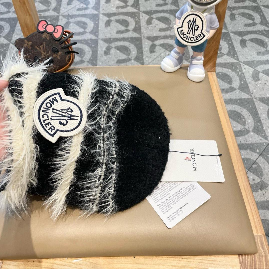 蒙口moncler堆堆帽女2024新款针织毛线渔夫帽条纹保暖百搭街头盆帽护耳骑车帽