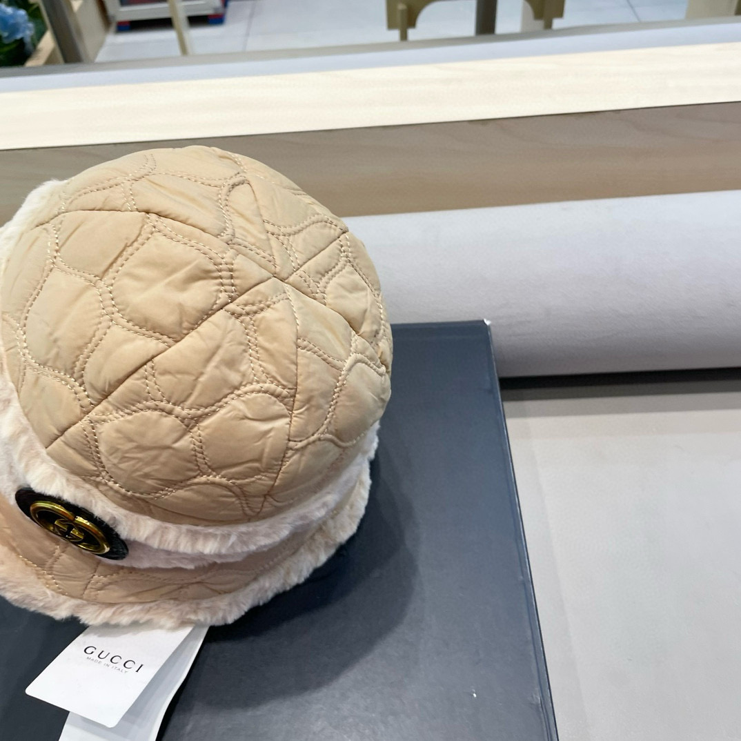 Gucci 毛绒帽子2025新款秋冬季百搭显脸小保暖渔夫帽女士日系网红水桶帽