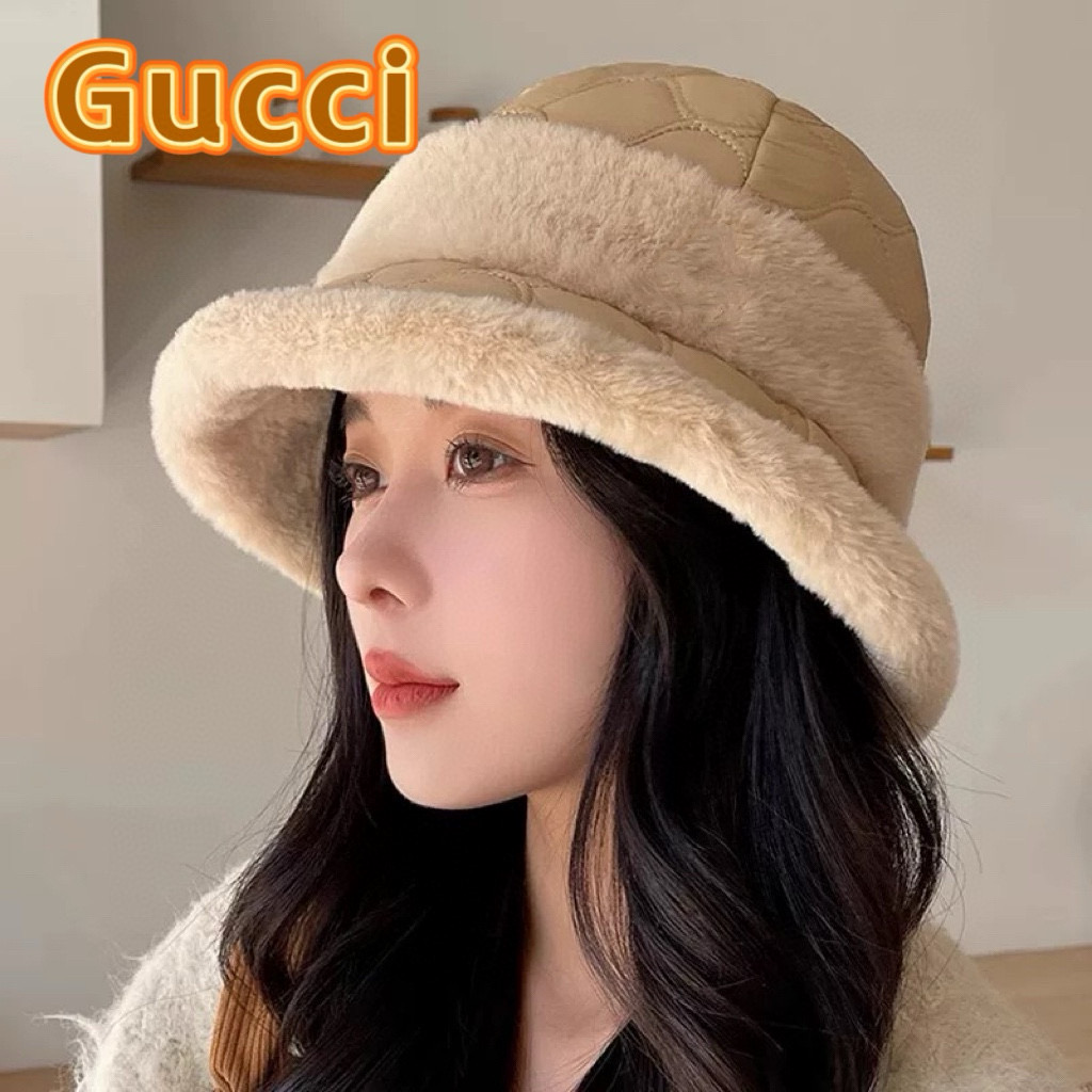 Gucci 毛绒帽子2025新款秋冬季百搭显脸小保暖渔夫帽女士日系网红水桶帽