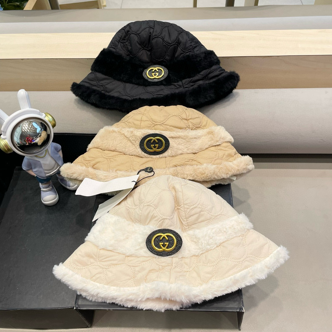 Gucci 毛绒帽子2025新款秋冬季百搭显脸小保暖渔夫帽女士日系网红水桶帽