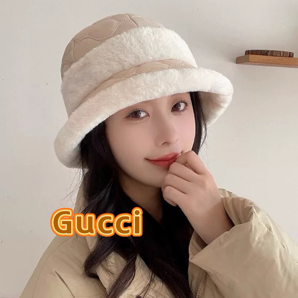 Gucci 毛绒帽子2025新款秋冬季百搭显脸小保暖渔夫帽女士日系网红水桶帽