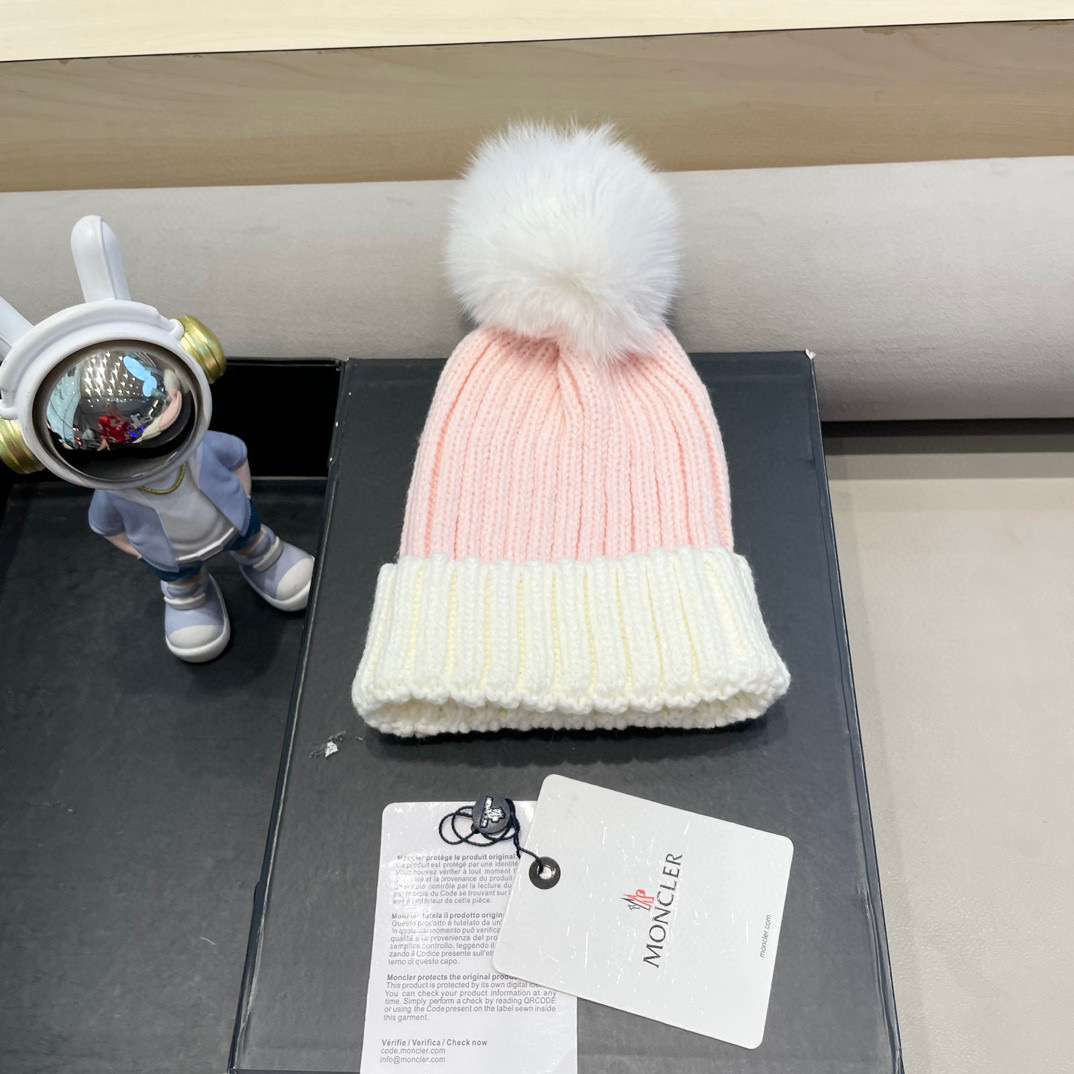 moncler法国定制标冬季保暖针织帽女时髦百搭狐狸毛球拼色可爱毛线帽子