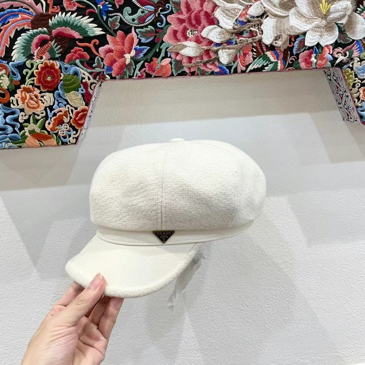 PRADA普拉达帽子女秋冬新款毛呢Pu皮檐拼接八角帽英伦复古百搭显脸小贝雷帽潮