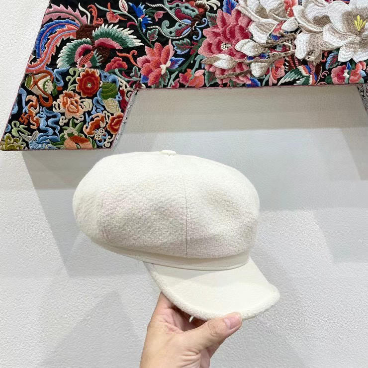 PRADA普拉达帽子女秋冬新款毛呢Pu皮檐拼接八角帽英伦复古百搭显脸小贝雷帽潮