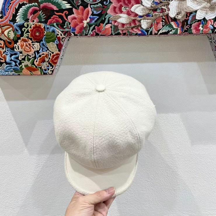 PRADA普拉达帽子女秋冬新款毛呢Pu皮檐拼接八角帽英伦复古百搭显脸小贝雷帽潮