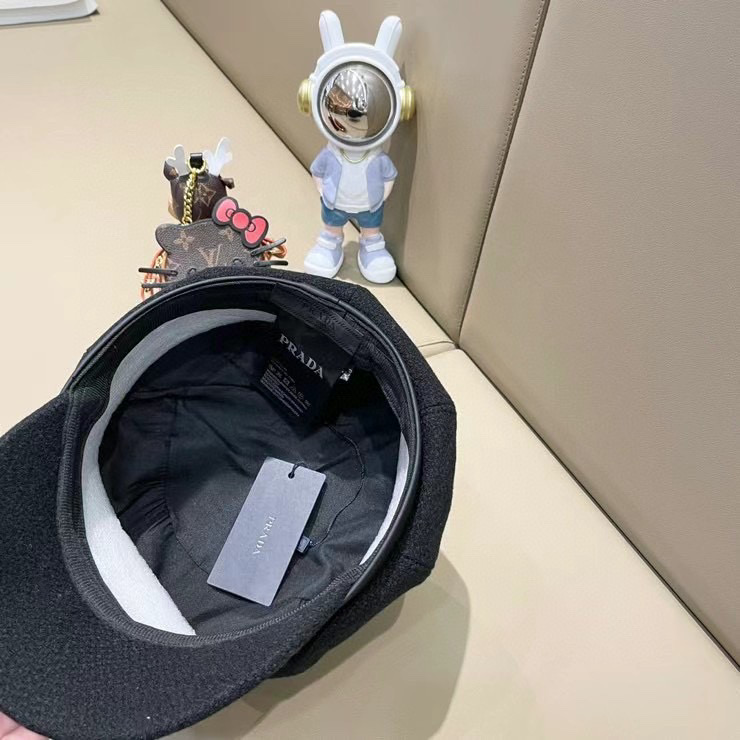 PRADA普拉达帽子女秋冬新款毛呢Pu皮檐拼接八角帽英伦复古百搭显脸小贝雷帽潮