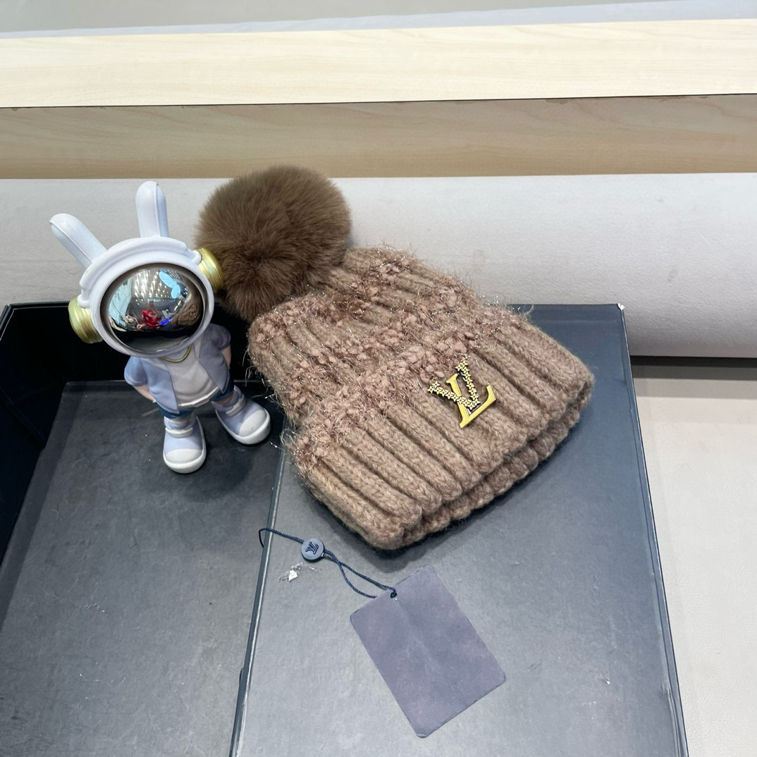 lv路易威登日系兔毛混纺毛线帽子女冬季新款时尚彩条针织帽显脸小百搭包头帽