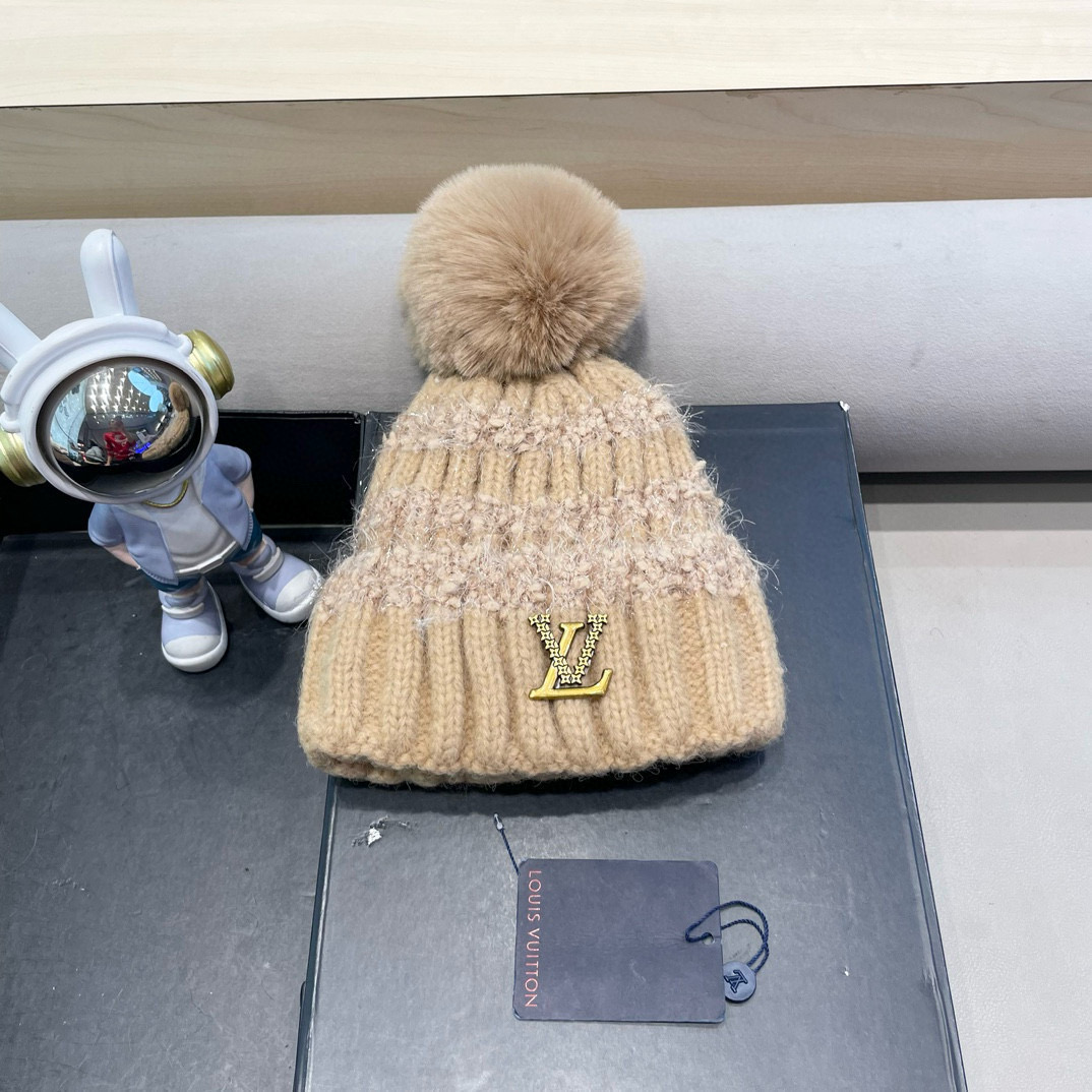 lv路易威登日系兔毛混纺毛线帽子女冬季新款时尚彩条针织帽显脸小百搭包头帽
