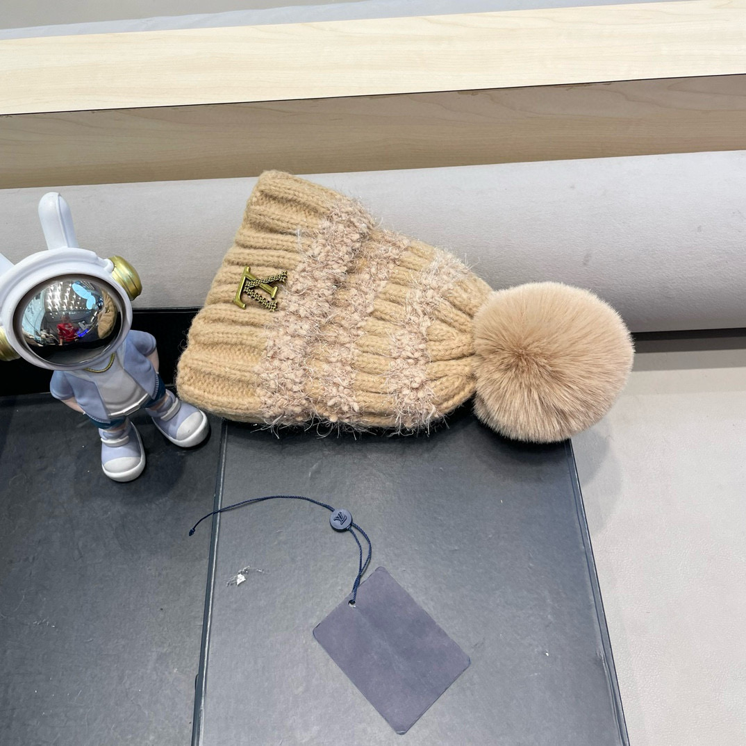 lv路易威登日系兔毛混纺毛线帽子女冬季新款时尚彩条针织帽显脸小百搭包头帽